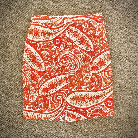 J. Crew Orange Paisley Stretch Cotton Pencil Skirt - Picture 4 of 9